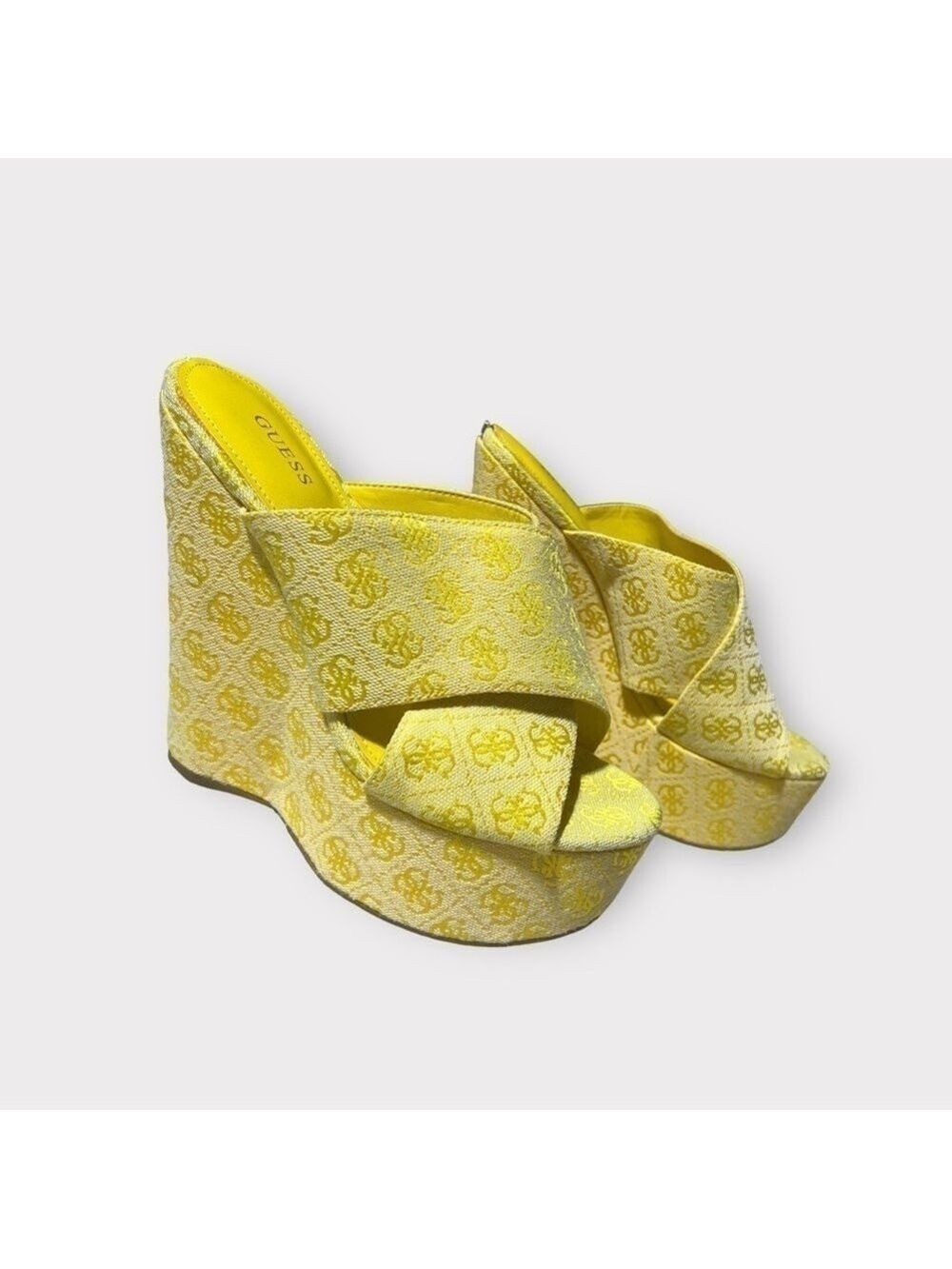 Guess Teisha VHTF Womens 8 Platform Wedge Logo Wrap Sandal Yellow Gold High Heel